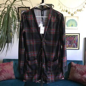 AGNES & DORA size S Black & Red Plaid Essential Cardigan Pockets NWT